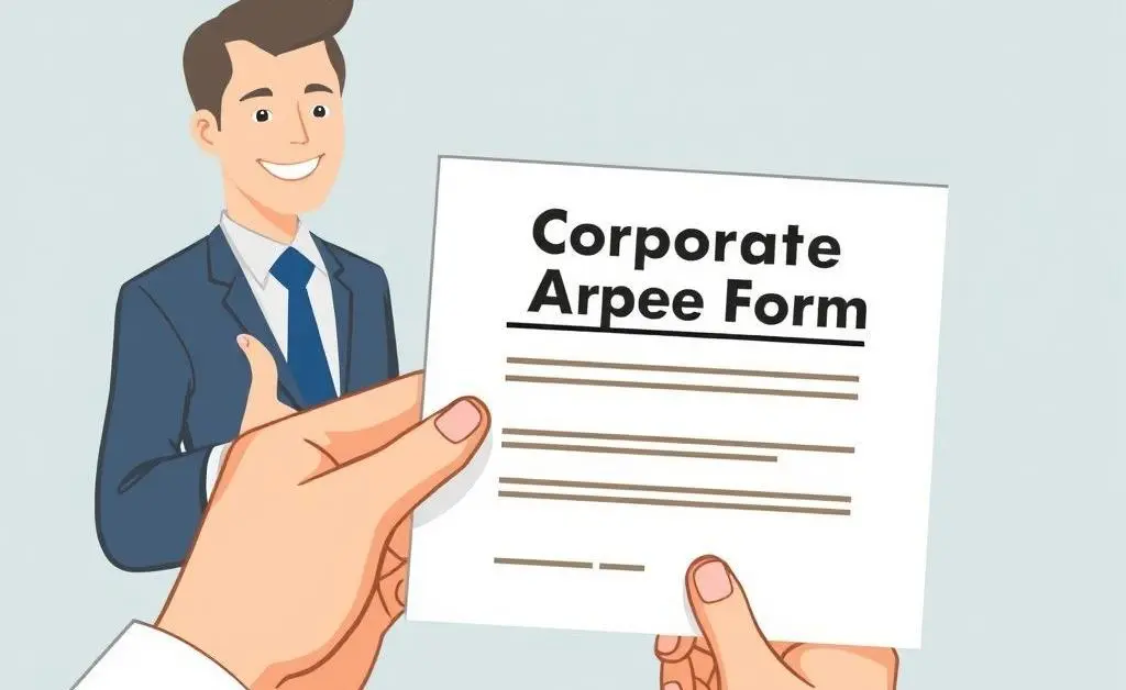 Person with a 'Corporate Approval Form' and an executive giving a thumbs-up