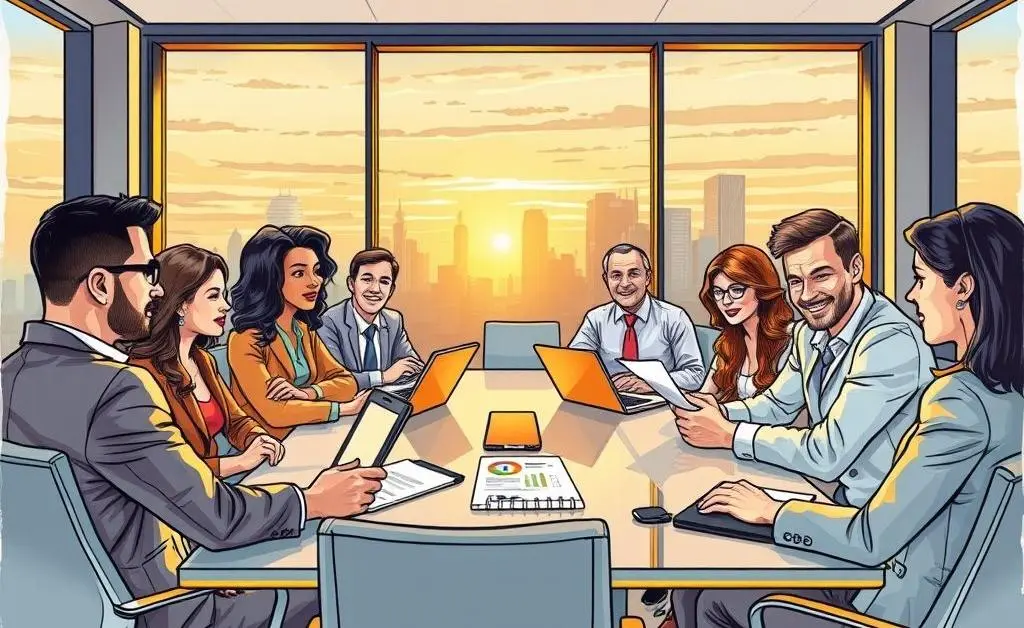 Hand-drawn image of a corporate boardroom discussion with diverse team members collaborating on financial strategies.