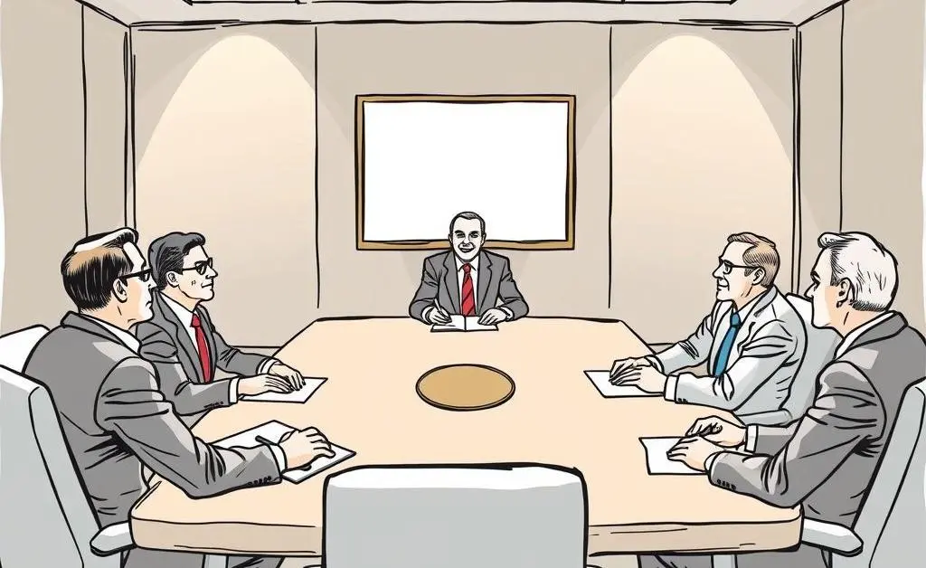 Executives discussing stock buybacks in a boardroom.