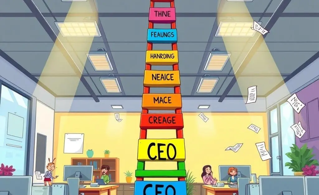 A cartoon ladder in an office, with each step humorously labeled with increasing responsibility levels.
