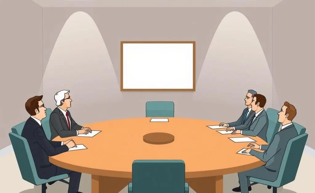 Cartoon-style illustration of a corporate boardroom meeting with stockholders