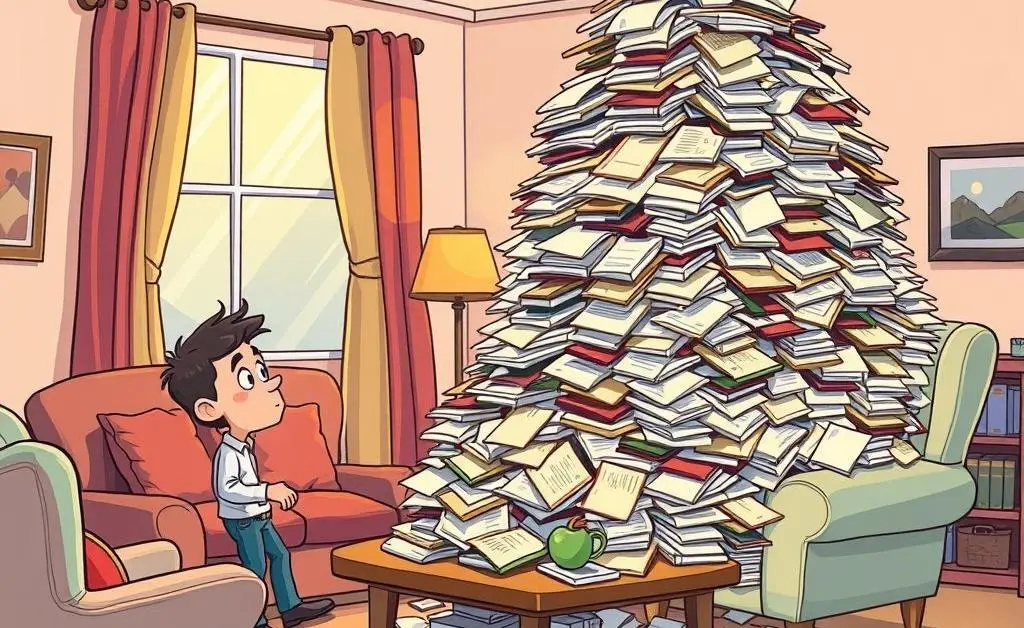 Cartoon of a person in their living room looking bewildered by a mountain of paperwork.
