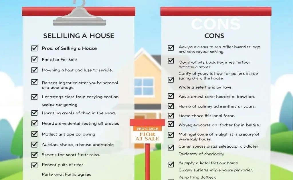 Illustration of a checklist with pros and cons for selling a house and investing.