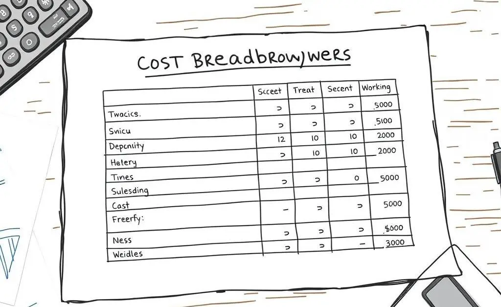 A hand-drawn aesthetic image of a cost breakdown sheet on a table with a calculator