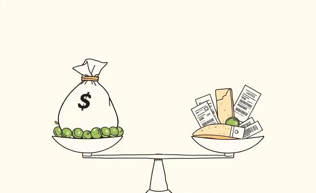 A simple illustration of scales balancing between money bags and daily essentials like food and transport.