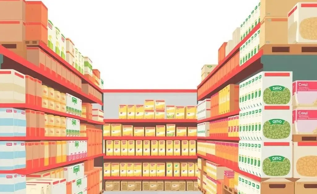 Minimalist illustration of a Costco aisle filled with bulk products stacked high.