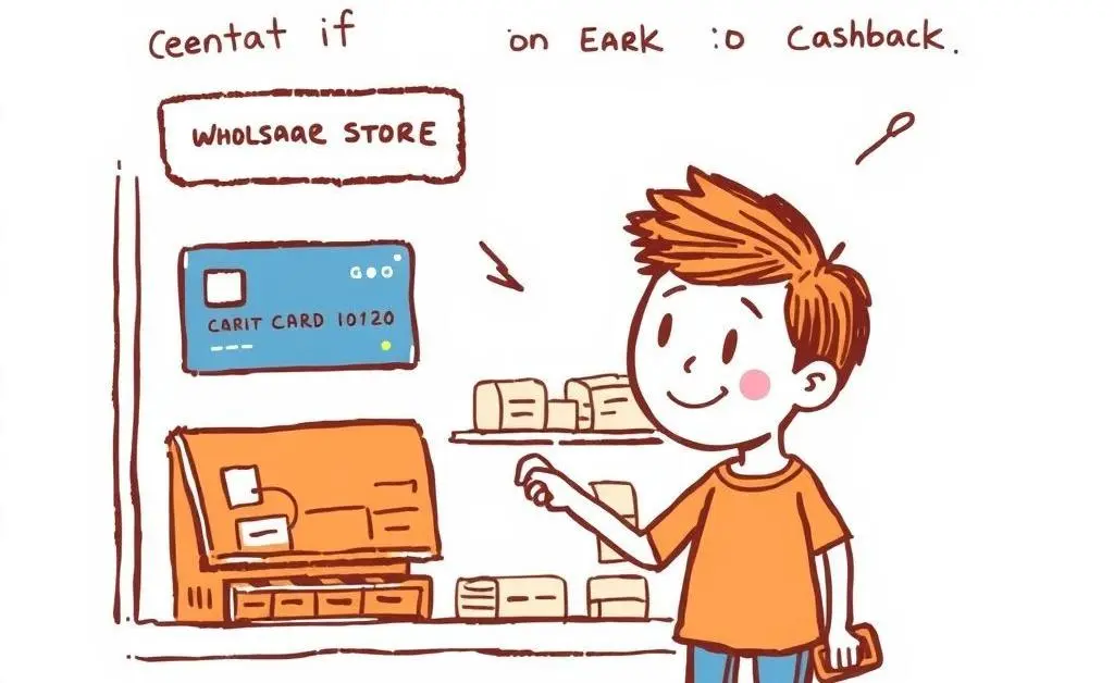 A hand-drawn style image of someone realizing their credit card doesn't earn cashback at a wholesale store