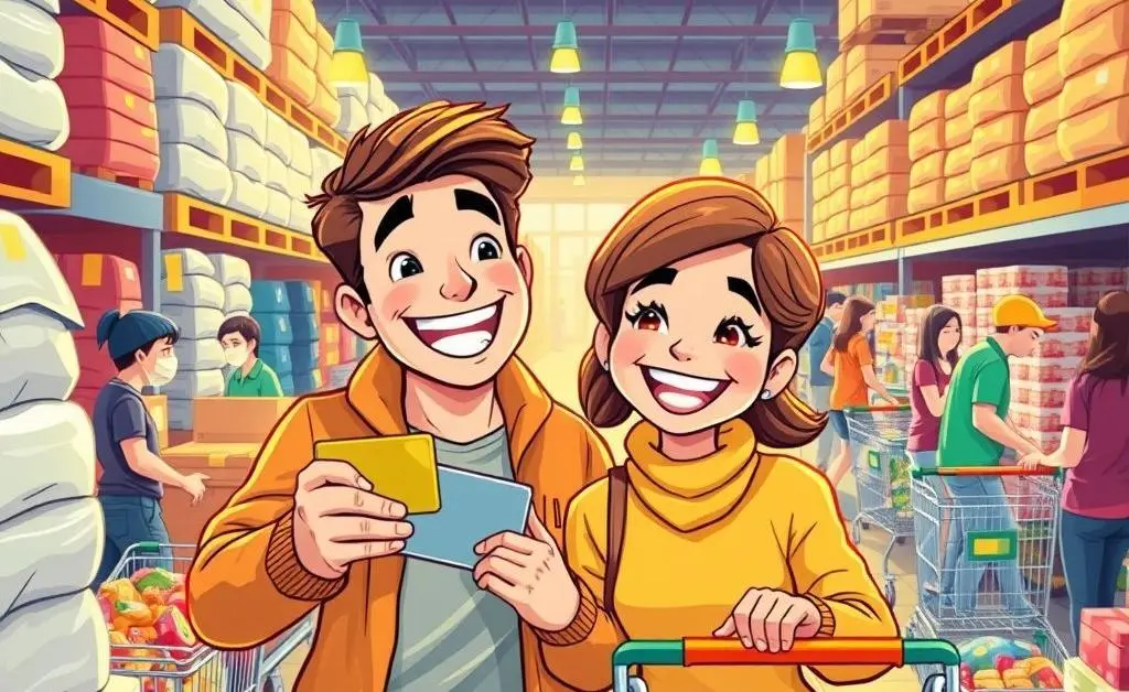 A happy couple shopping at a wholesaler with a credit card in their hand.