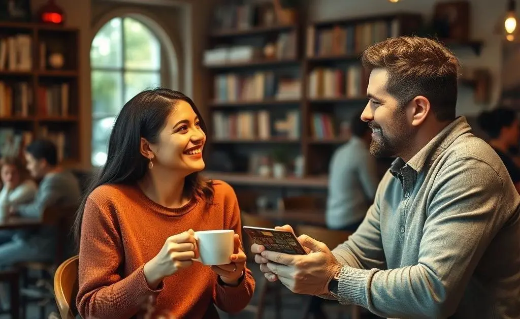 A couple discussing credit card options in a cafe