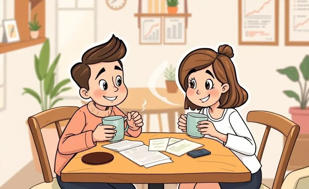 Cartoon-style couple discussing finances at a table with mortgage documents