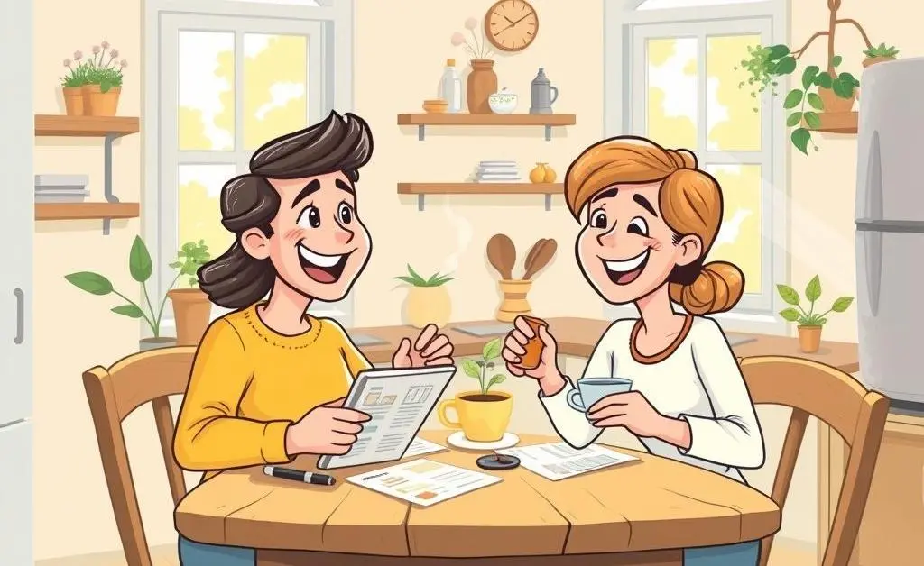Couple discussing a house survey over coffee at their kitchen table.
