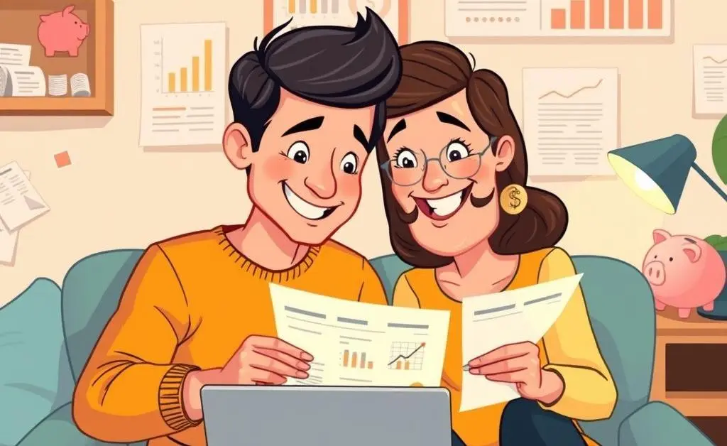 A cartoon-style illustration of a couple reviewing finances on a laptop