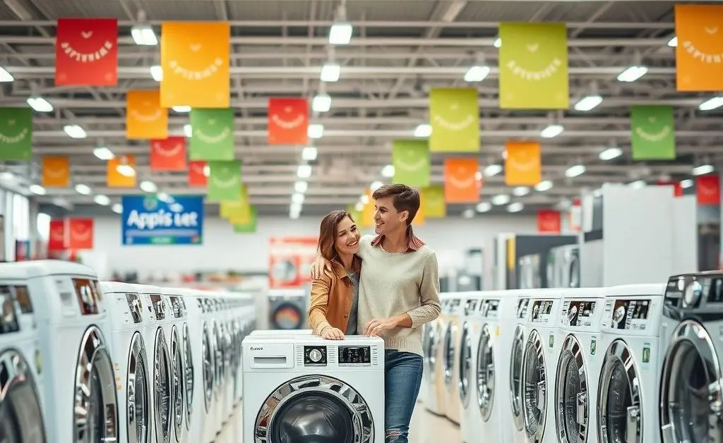 Couple joyfully shopping for a washing machine