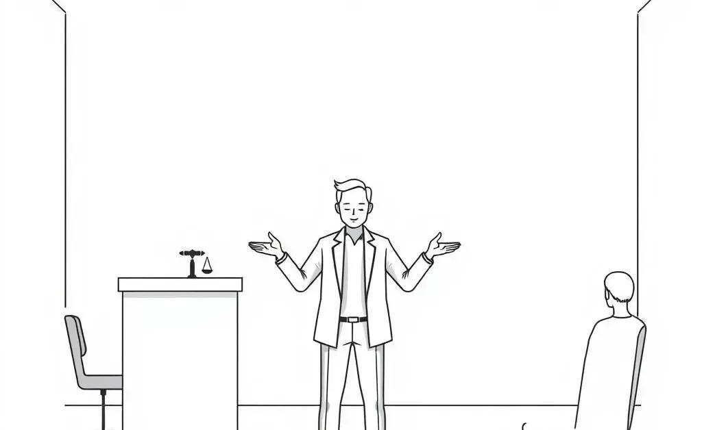 A person confidently presenting their case in a small claims court setting