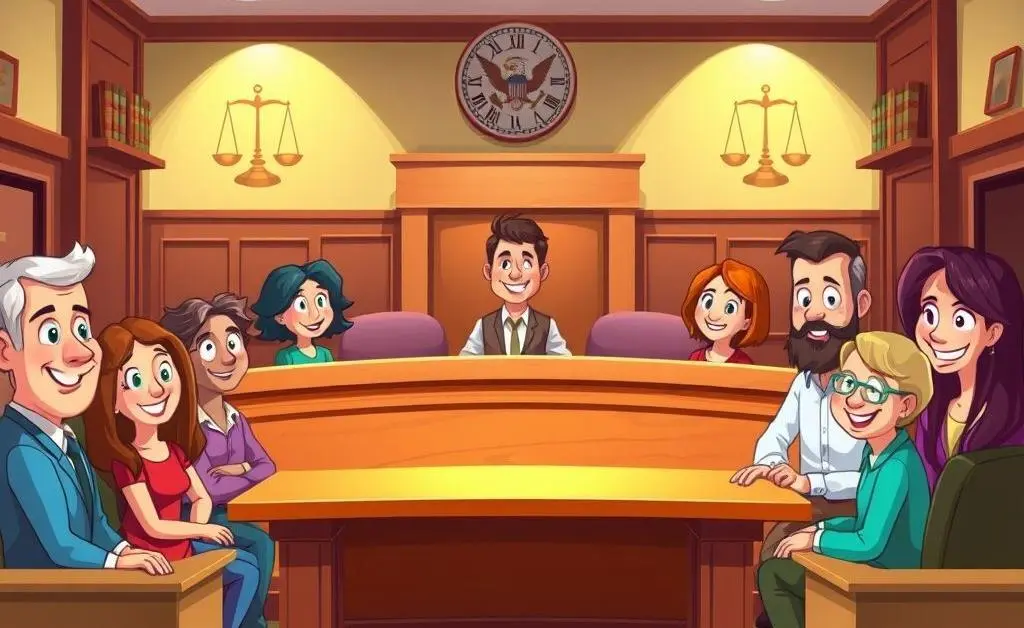 A cartoon depiction of a friendly courtroom environment with calm individuals