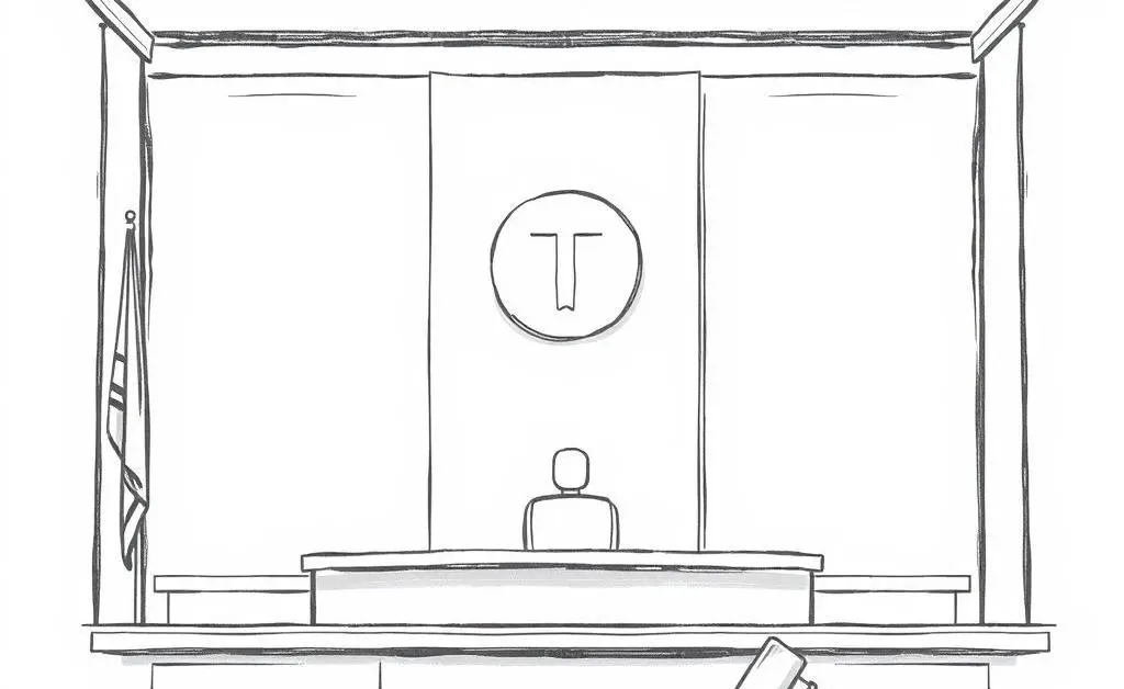 A minimalist drawing of a calm courtroom with a judge's gavel.