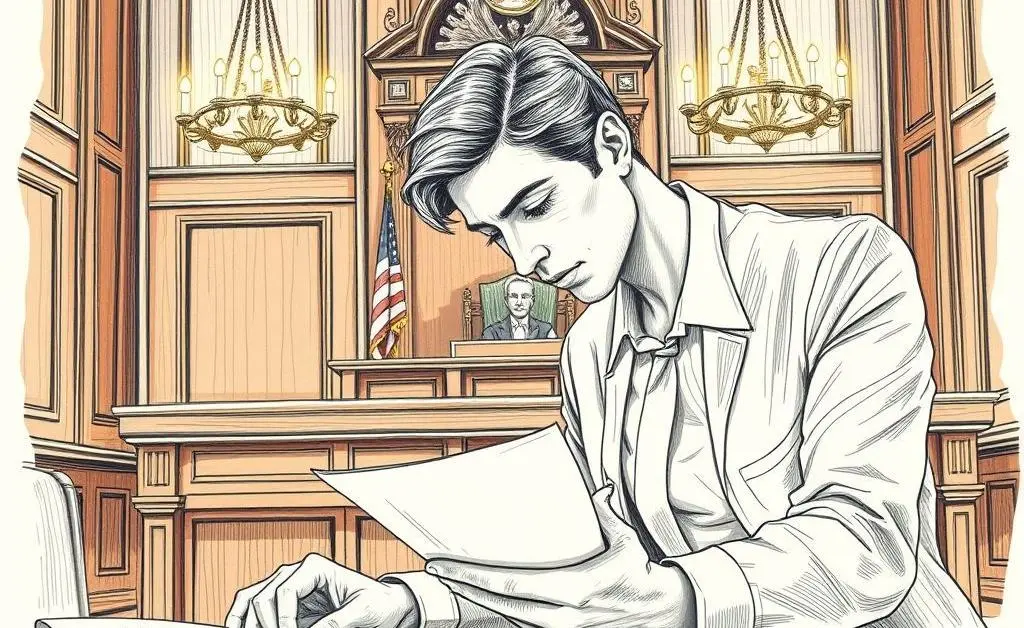 A person preparing legal papers in a courtroom setting.