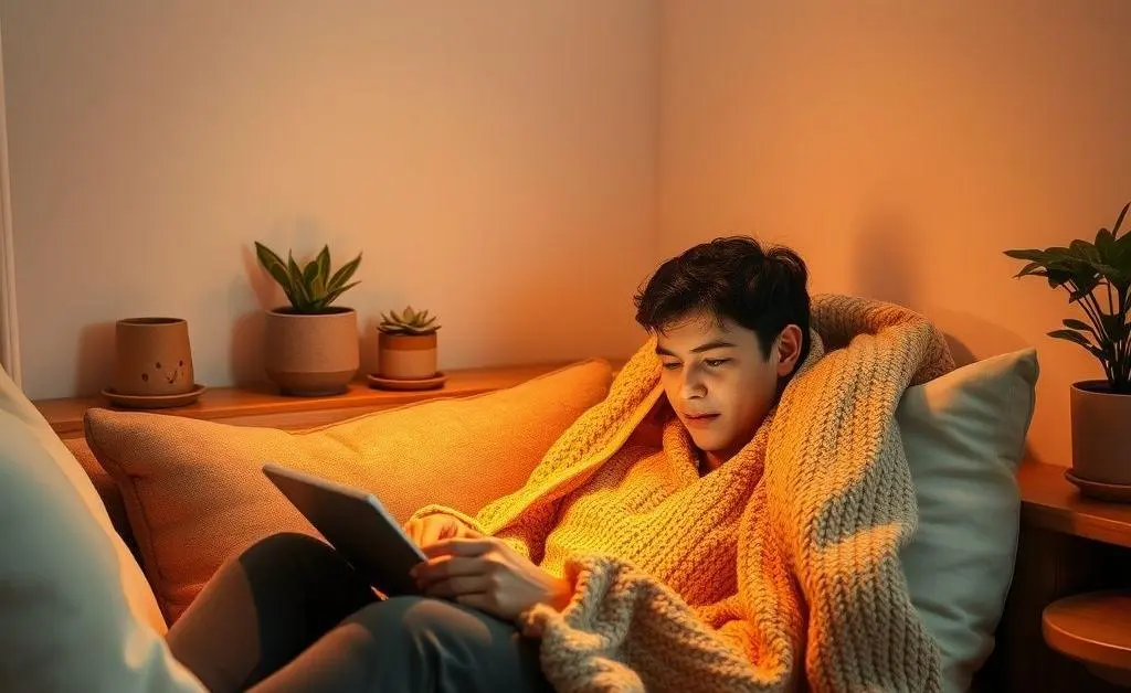 A cozy corner with a person using a tablet to manage a budget