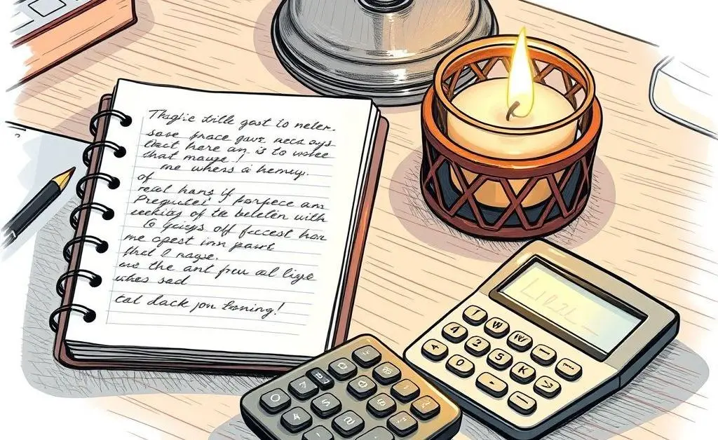 A hand-drawn image of a notebook, a calculator, and a cozy candle setup for budget planning.