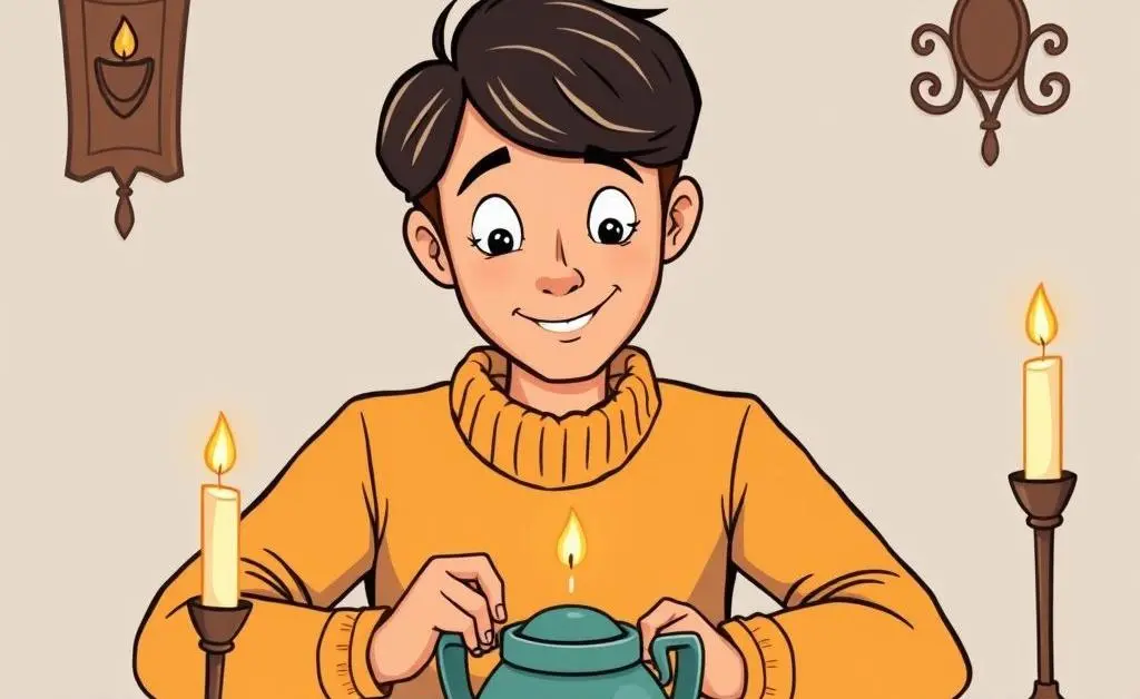 Cartoon-style individual at a table budgeting with candles and tea