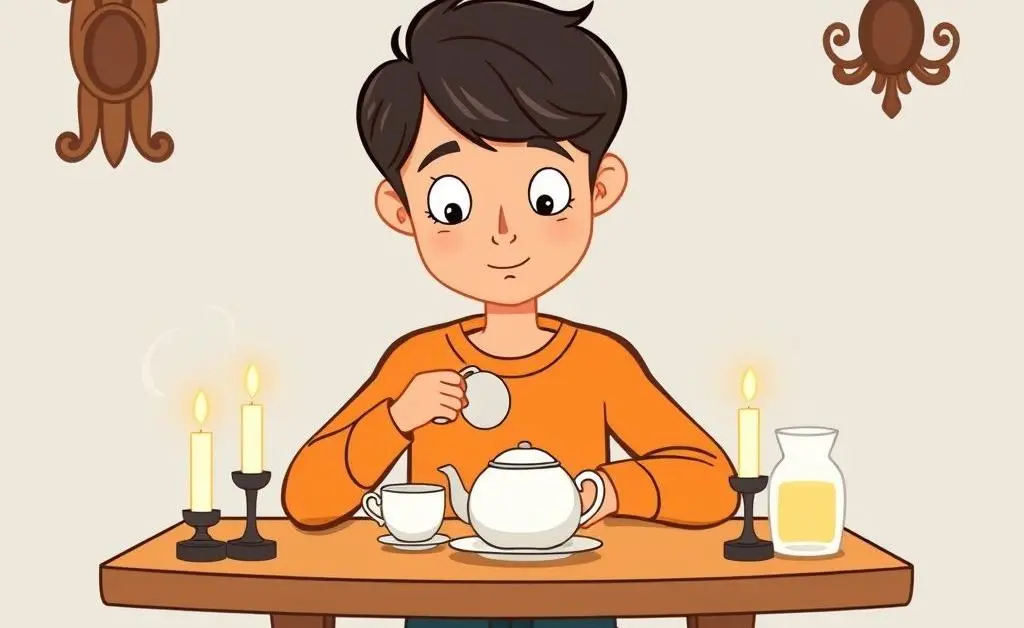 Cartoon-style person sitting at a table budgeting with candles and tea