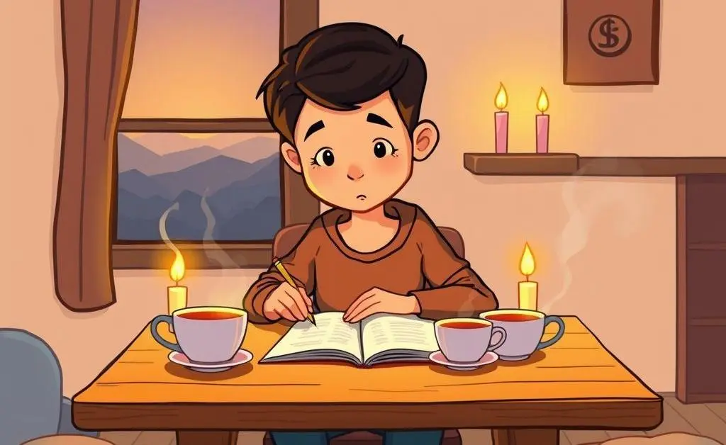Cartoon-style scene of a person at a table budgeting with candles and tea