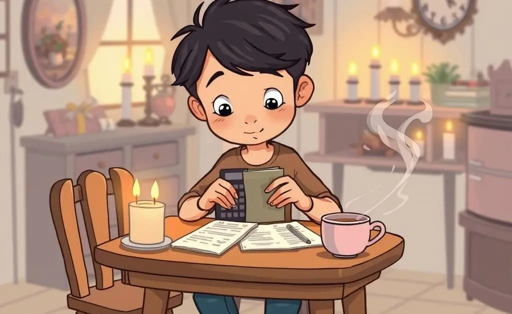 Cartoon-style person at a table budgeting with candles and tea