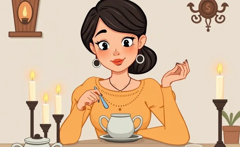 Cartoon-style woman at a table budgeting with candles and tea