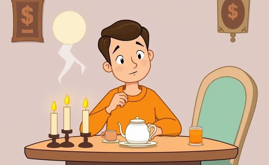 Cartoon-style scene of someone at a table budgeting with candles and tea