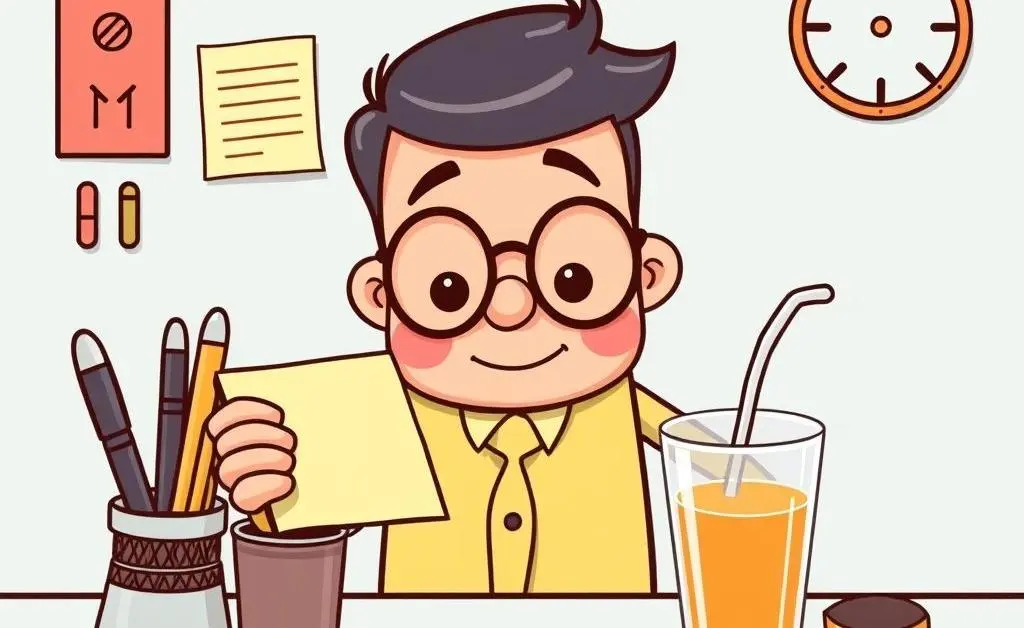 Cartoon-style teller organizing workspace with pens, notes, and a calming beverage