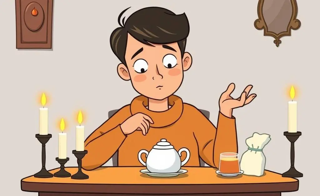 A cozy setting with a person surrounded by budget sheets, candles, and a cup of tea