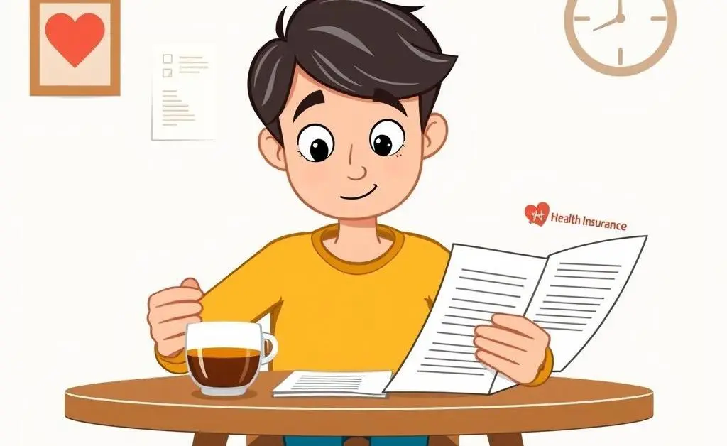 Cartoon-style person at a table reviewing health insurance documents with a cup of tea