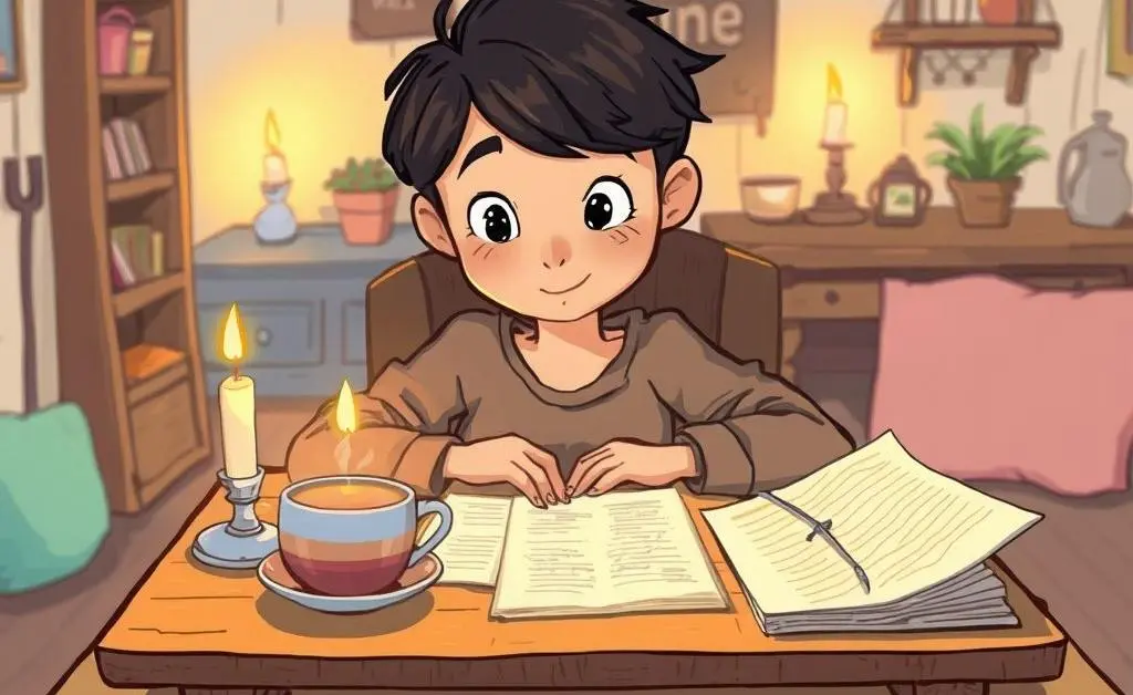 Cartoon-style scene with a person at a table budgeting with candles and tea
