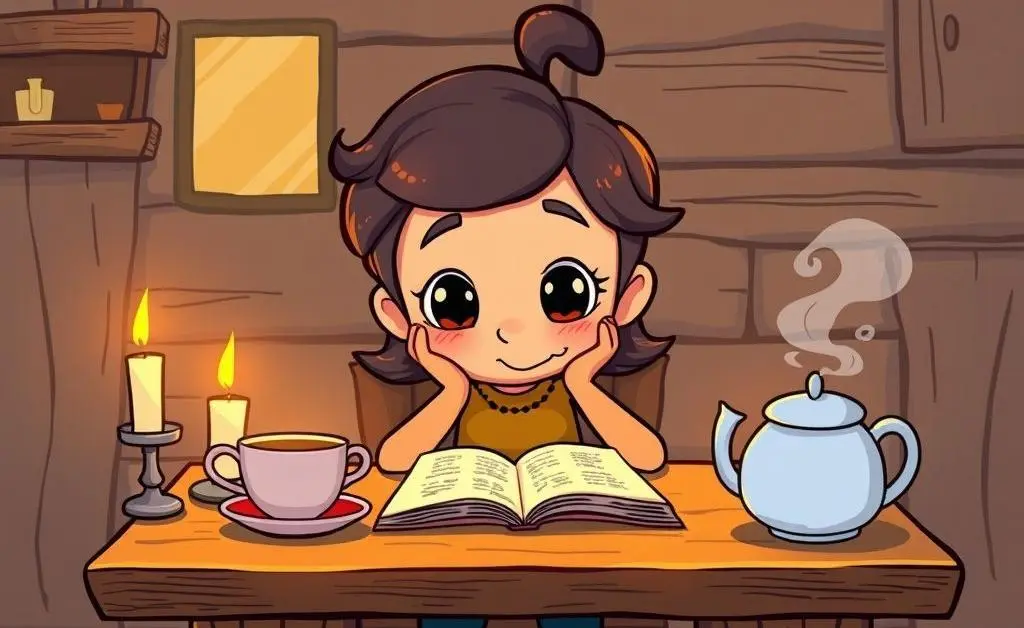 Cartoon-style character at a table budgeting with candles and tea