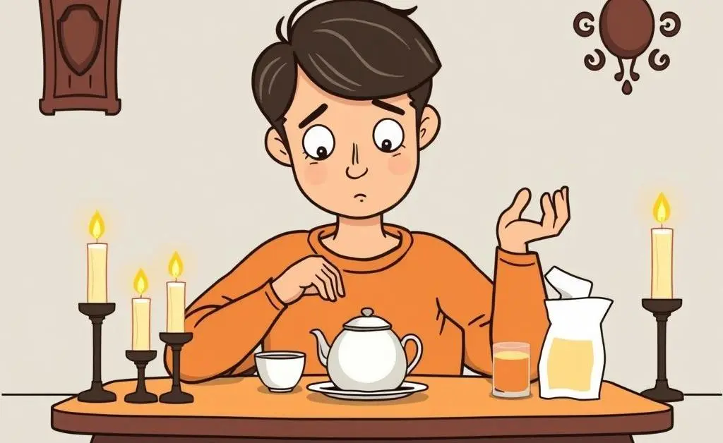 A person budgeting at a table with candles and tea