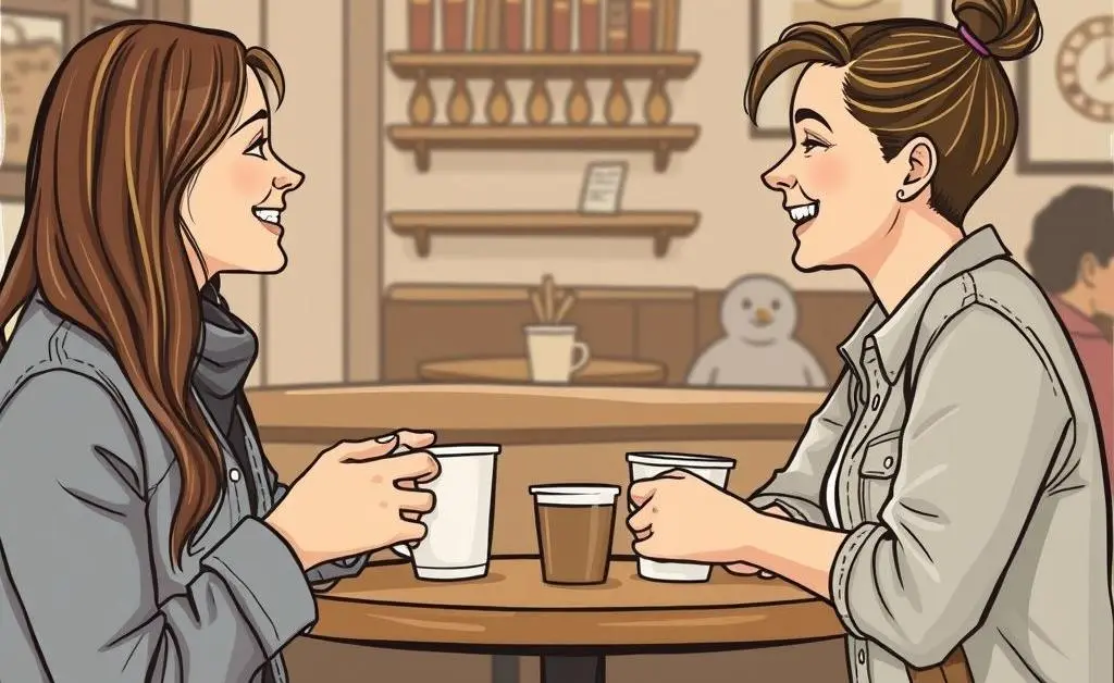 Friends having a conversation over coffee at a cozy cafe