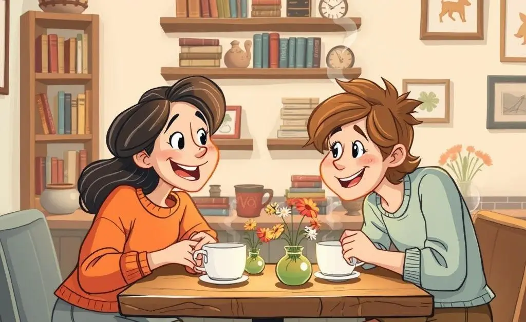 Two friends having a coffee conversation in a cozy cafe