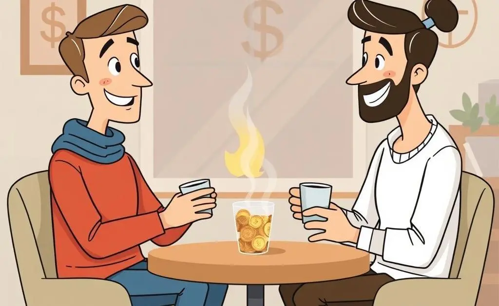 A cartoon image of two friends having a coffee and discussing finances in a cozy setting