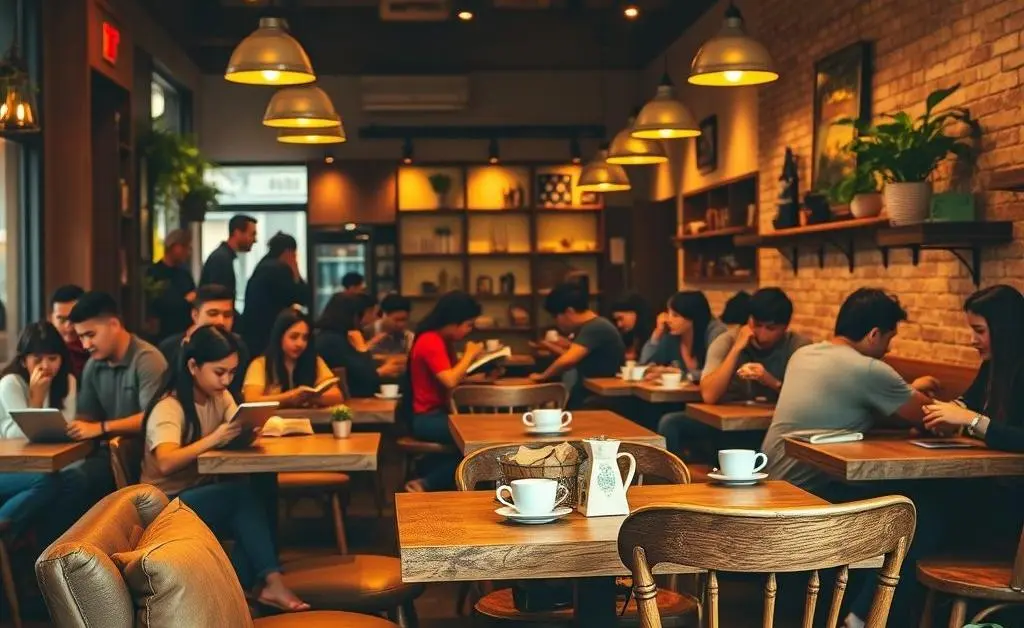A welcoming small coffee shop with customers enjoying their drinks and working on laptops.