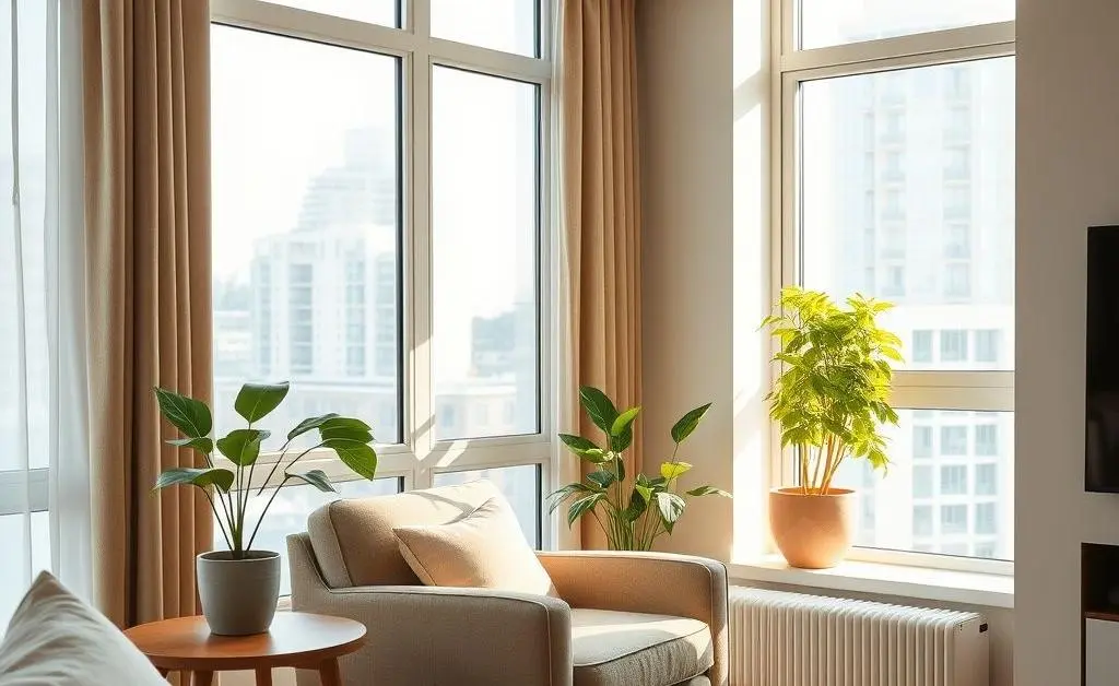 A cozy interior of a condo with a comfy chair, small table, and potted plant by the window.