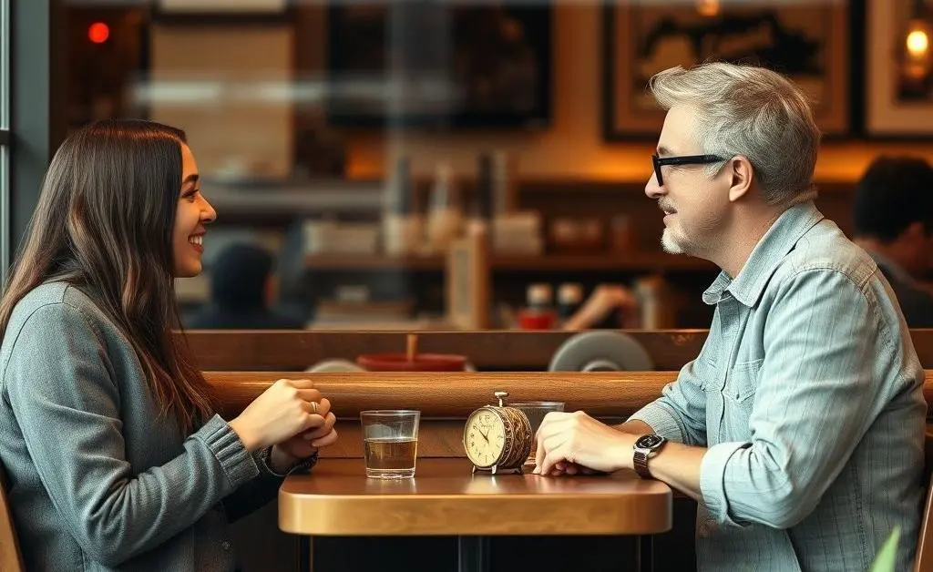 Two friends in a cozy cafe enjoying a spontaneous conversation.