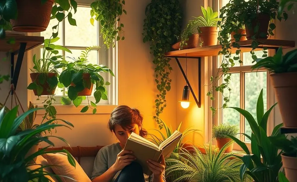 A person reading in a cozy corner filled with plants and warm lighting