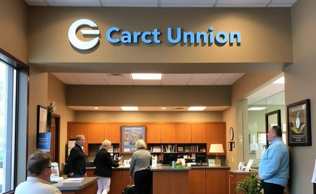 A cozy, welcoming credit union branch with customers chatting.