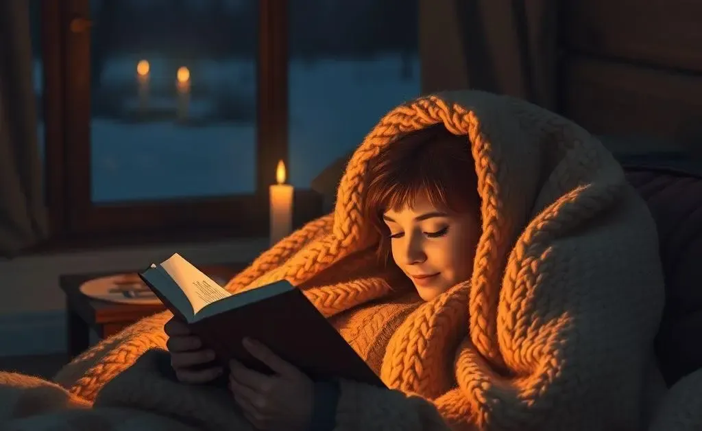 A cozy evening scene with a person curled up in a blanket, reading a book by candlelight.