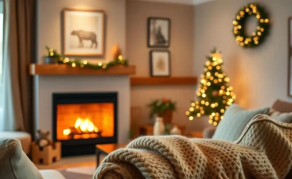 A cozy evening setting with soft lighting and a fireplace.