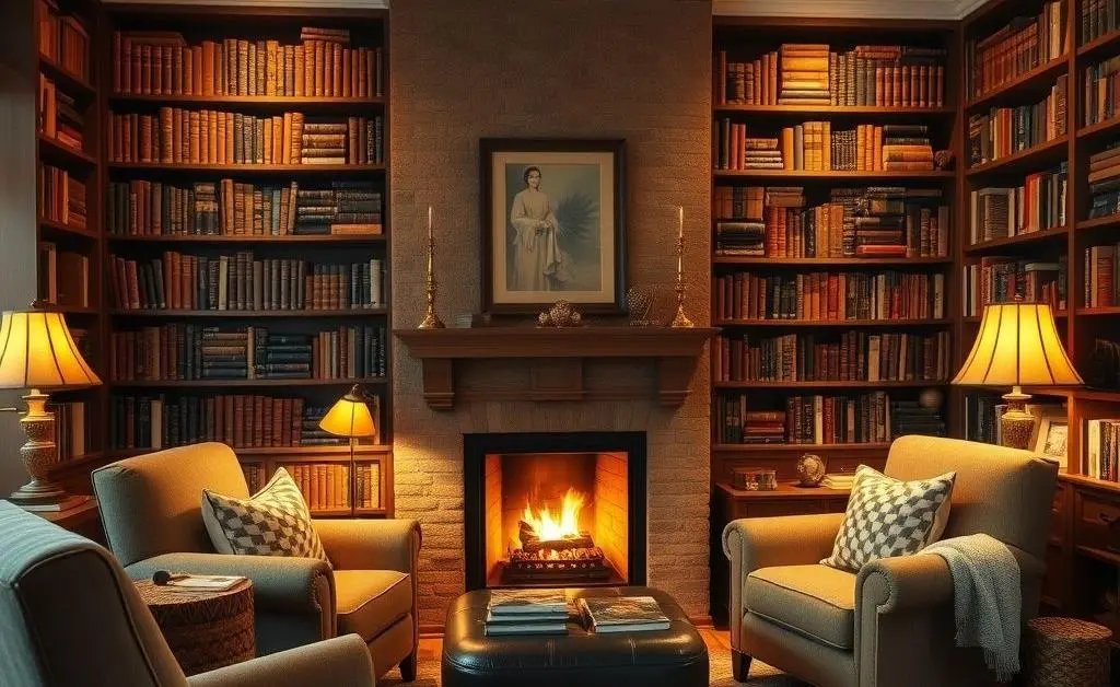 A cozy home interior with a comfortable chair, books, and soft lighting