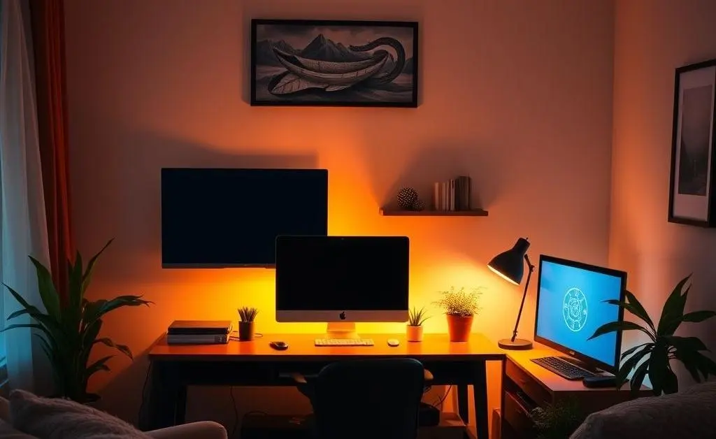 A cozy home office setting with a computer screen in dark mode