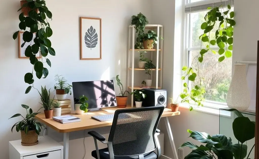 A tidy home office setup with plants and a comfortable chair.