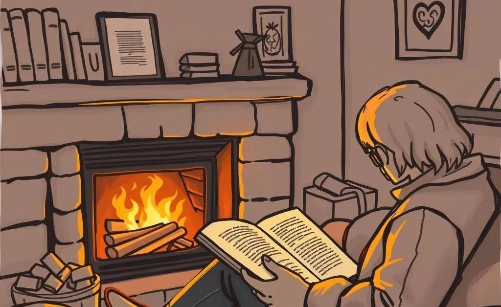 A cozy room with a person reading a book by the fireplace.
