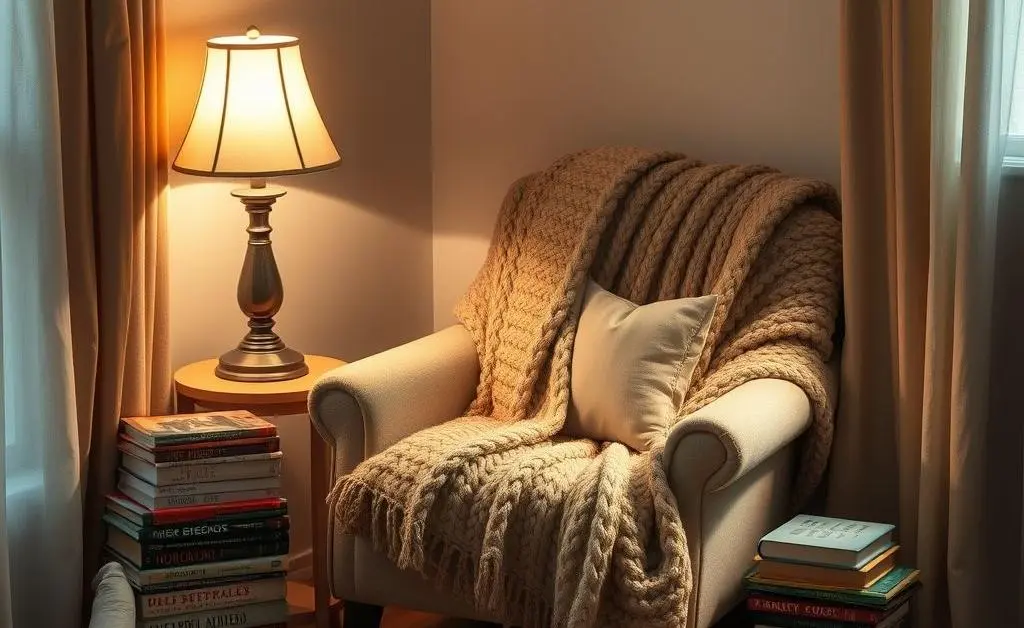 A cozy reading nook with soft lighting, a pile of books, and a warm blanket.